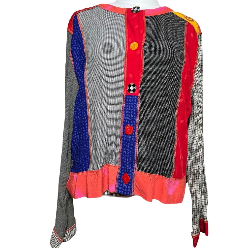Alexandria Pierce‎ Patchwork Cardigan Artsy Set XL Red Blue Rayon Art to Wear
